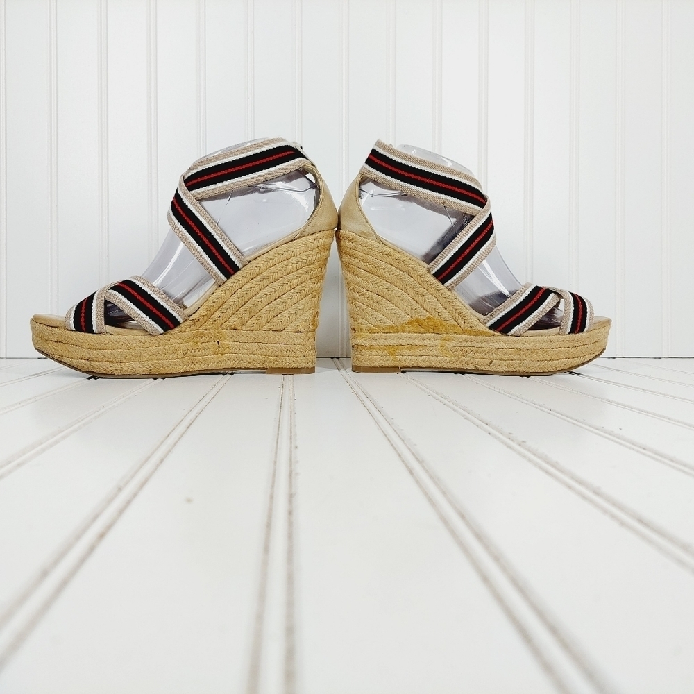 MIA Rope Heels Tan Black White Red Striped Ankle Strap Wedge Sandals C4 - Picture 7 of 11